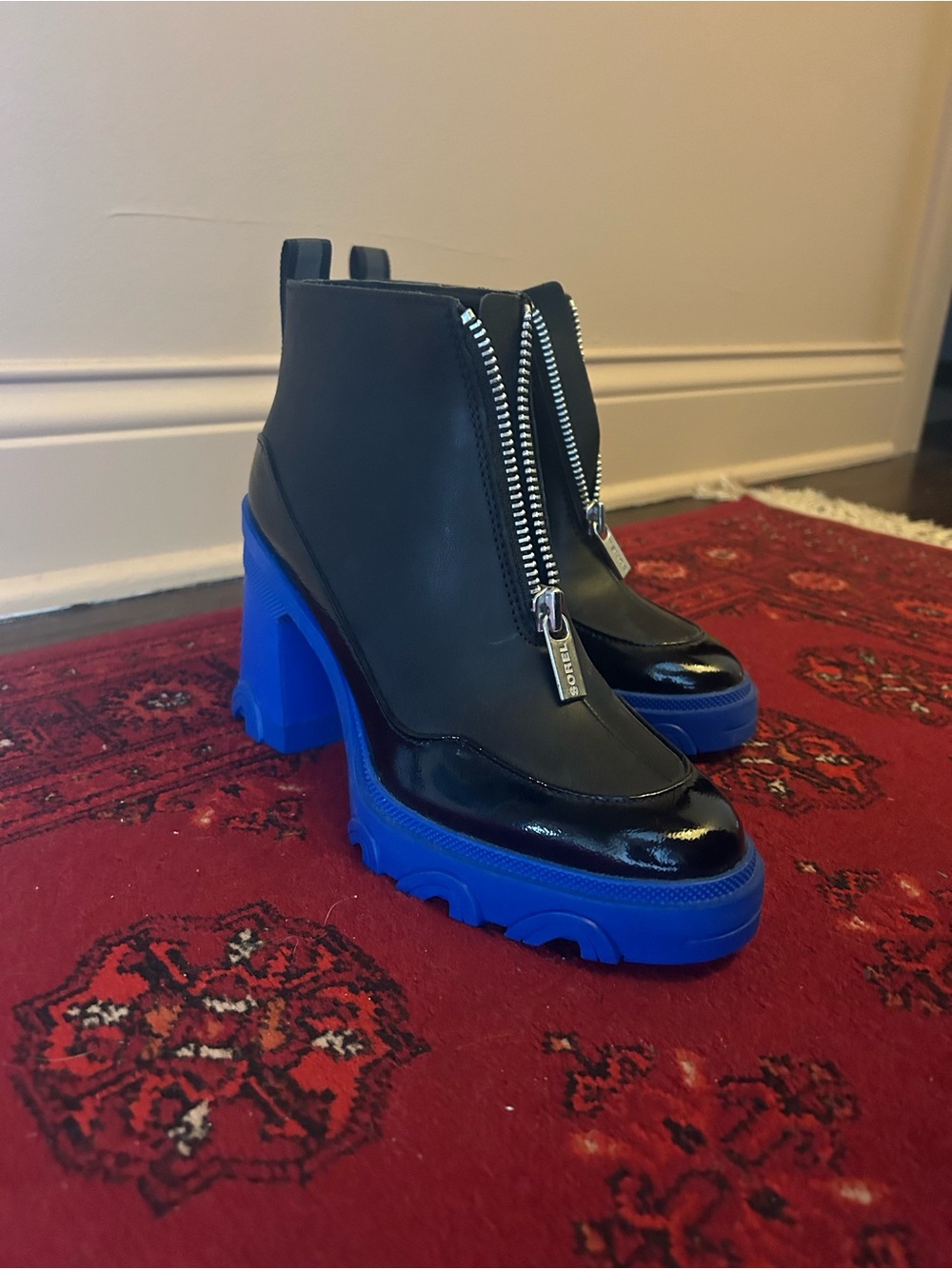 Sorel Black Ankle Boot with Electric Blue Chunky Heel